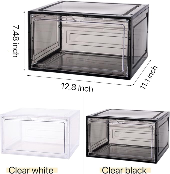 Attelite Large Clear Shoe Box OrganizerPlastic Stackable Shoe Storage Box with Magnetic Door Large Clear Door Shoe Containers for Display Sneakers Easy Assembly（Black）