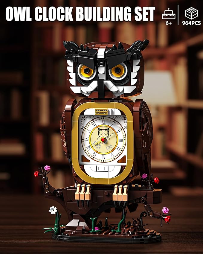 Owl Clock Building Blocks Set STEM Building Toys with Functional Clock Collectible Bird Display Model for Home Decor Christmas Birthday Gift for Adults &amp Boys 8-14 (964Pcs)