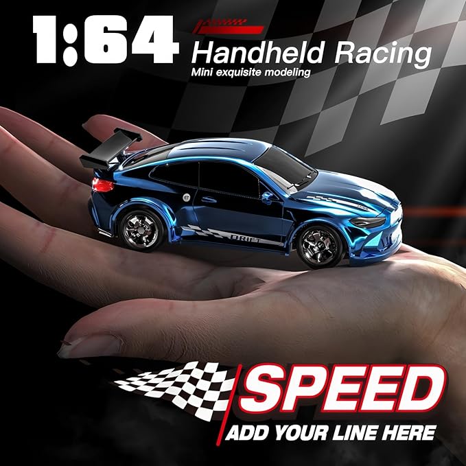 Desktop Mini Size 1:64 Scale 4WD RC Drift Car with Skill-Building Drift Control &amp LED Lights – Learn Drift Techniques Fast Charge Adjustable Throttle 2.4GHz Remote – Blue