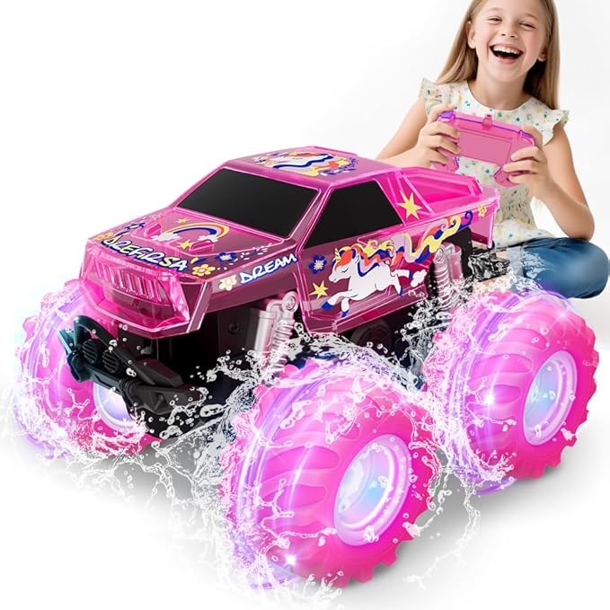 Pink Monster Truck Unicorn Remote Control Car 4WD All Terrain Off-Road Girl RC Truck with Colorful Light Waterproof Remote Car Toy for 6 7 8 9 10 11 12 Year Old Girl Birthday Gift