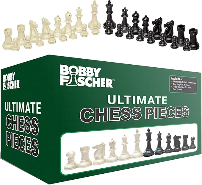 WE Games Bobby Fischer Ultimate Chess Pieces Set Staunton Plastic Tournament Chess Set - Extra Queens Triple Weighted