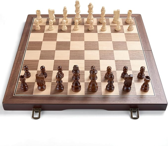 AMEROUS 15'' Magnetic Wooden Chess Set for Adults Kids - with Folding Board Gift Package Pieces Storage Slots Handmade PiecesChess Board Game Set for Tournament Professional Beginner
