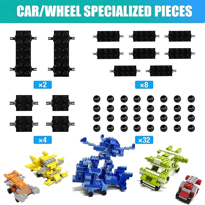 1600 Pieces Building Bricks with 32 Wheel Building Blocks Set Classic Bulk Blocks Set Creative Toy DIY Cars Planes Tanks Compatible with All Major Brands 14 Shape/18 Color