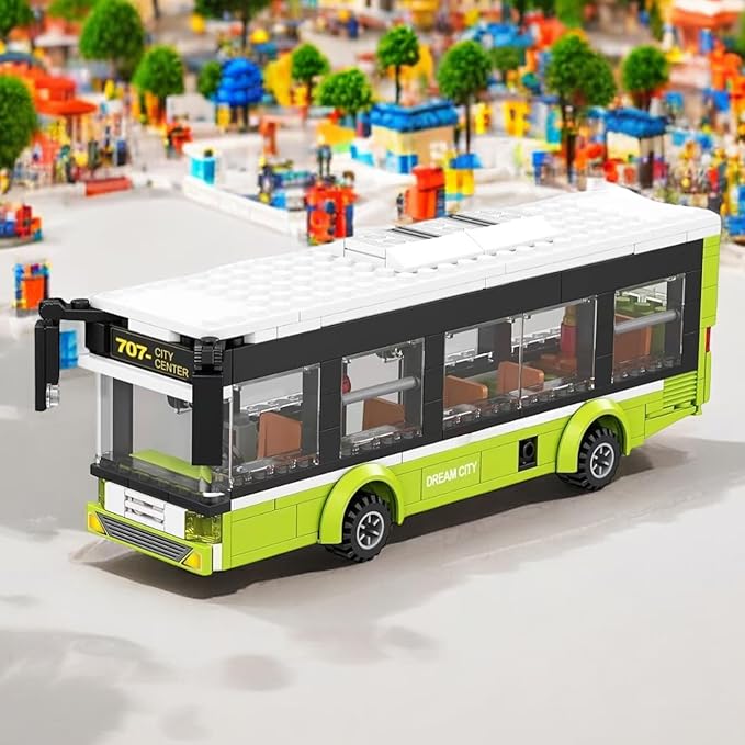 General Jim's City Bus Building Blocks Set - 415-Piece Urban Playset with Functional Doors Removable Top and Bus Stop - Compatible with Major Brick Building Brands