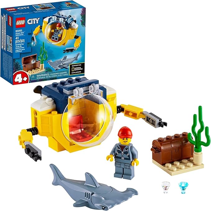 LEGO City Ocean Mini-Submarine 60263 Underwater Playset Featuring a Toy Submarine Pirate Treasure Chest Hammerhead Shark Figure and a Pilot Minifigure Great Gift for Kids (41 Pieces)