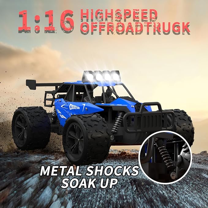 Remote Control Car Monster Truck Toys 1:16 Scale RC Car For Boys 2.4GHz High Speed 20 km/h With LED HeadlightsRechargeable RC Cars Gifts for Boys 4-7 8-12 Christmas Beginner Kids 6-12+(Blue)