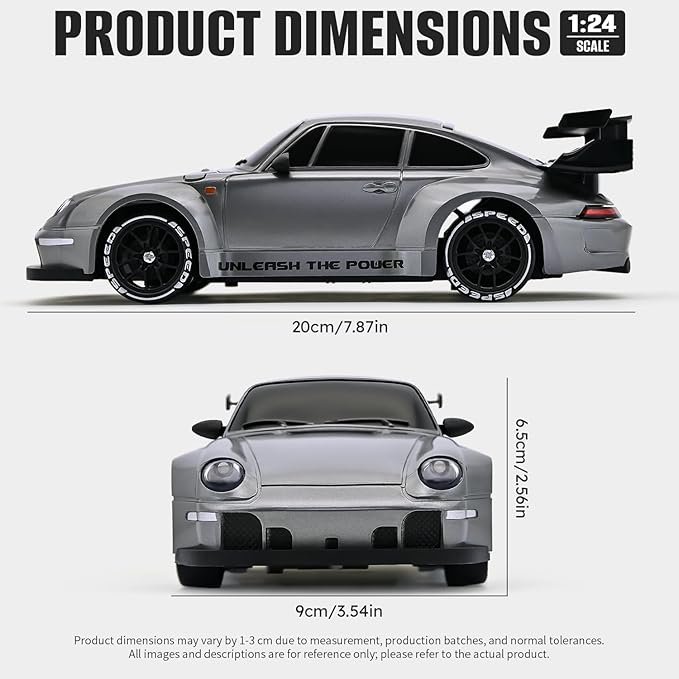 RC Drift Car1:24 Scale Remote Control Car 2.4GHz 20KM/H 4WD High Speed RC Cars for Kids with LED Light Two BatteriesDrifting TiresRacing Vehicle Toy for Adults Boys Girls Silver