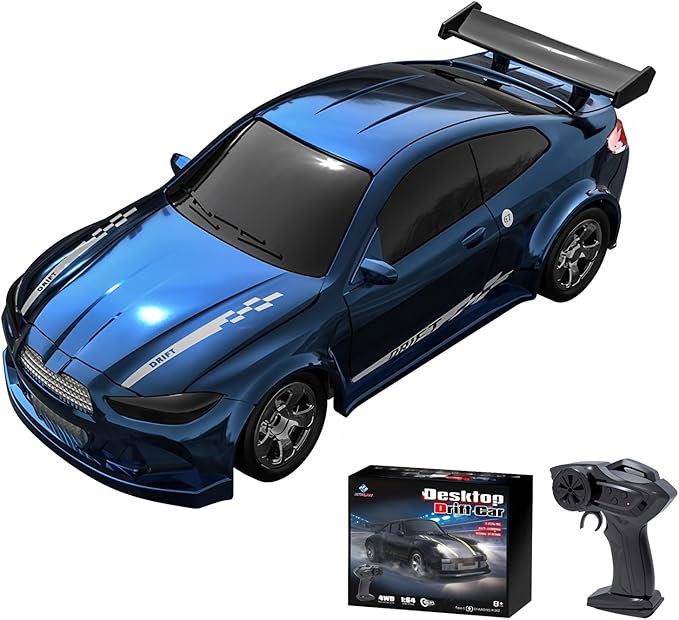 Desktop Mini Size 1:64 Scale 4WD RC Drift Car with Skill-Building Drift Control &amp LED Lights – Learn Drift Techniques Fast Charge Adjustable Throttle 2.4GHz Remote – Blue