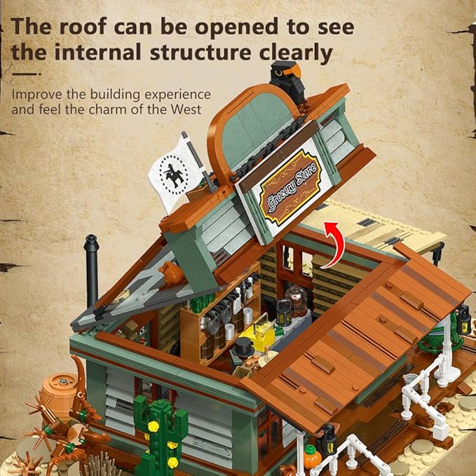 39076 Western Grocery Store Building Block Set Equipped with LED Lights 1827 Pieces Shop Building Model Building Block Kit Adult Creative Enthusiast Model Gifts and Unique Collectibles