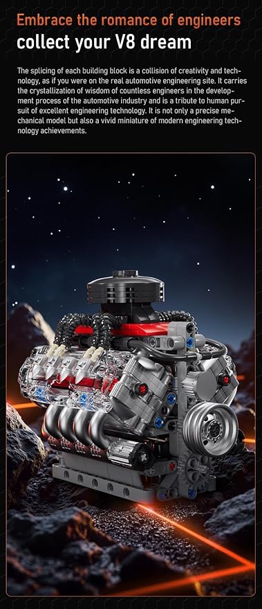 Sosuy V8 Engine Building-Blocks Sets Working Motor Model 487+PCS Mechanic Display Home Set for Collection Fans STEM Cars Toys for Boys Birthday Gitf for 8+ Kids Adults Men Girls