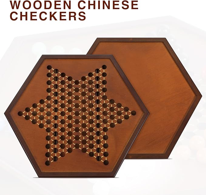 Chinese Checkers 15 x 13 Large Wooden Checkers Board Game Includes 16mm 60+12 Colorful Glass MarblesClassic Strategy Family Board Game for AdultWalnut