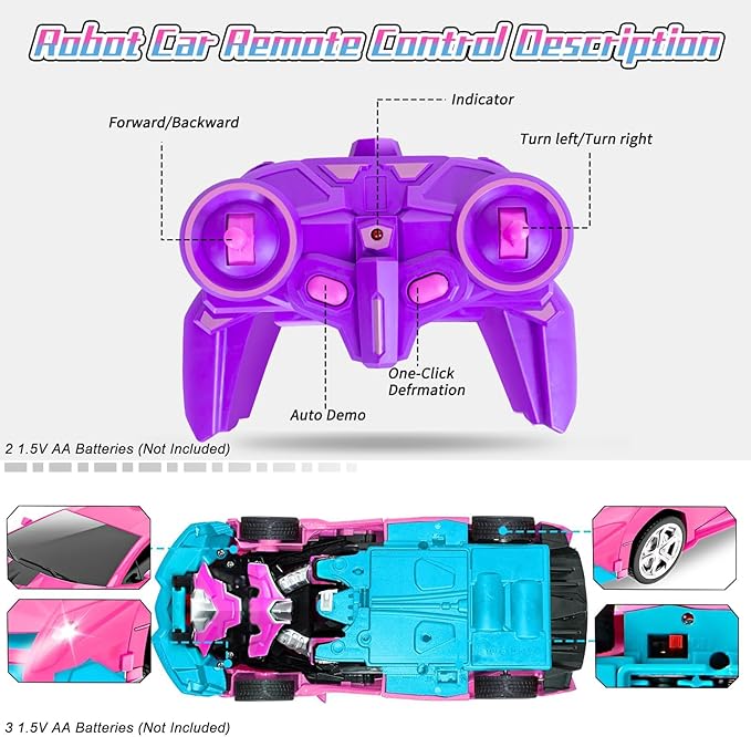 Pink Remote Control Car for Girls Age 3 4 5 6 7 8 Transformation Rc Cars Racing Car with One-Button Deformation &amp 360°Drifting Robot Toys for Birthday