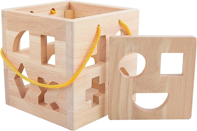 QZMTOY Shape Sorter Toys with 19 Shape Blocks Classic Wooden Toys for Toddlers Kids Gift for Girls Boys 2-4 (Natural Solid Wood)