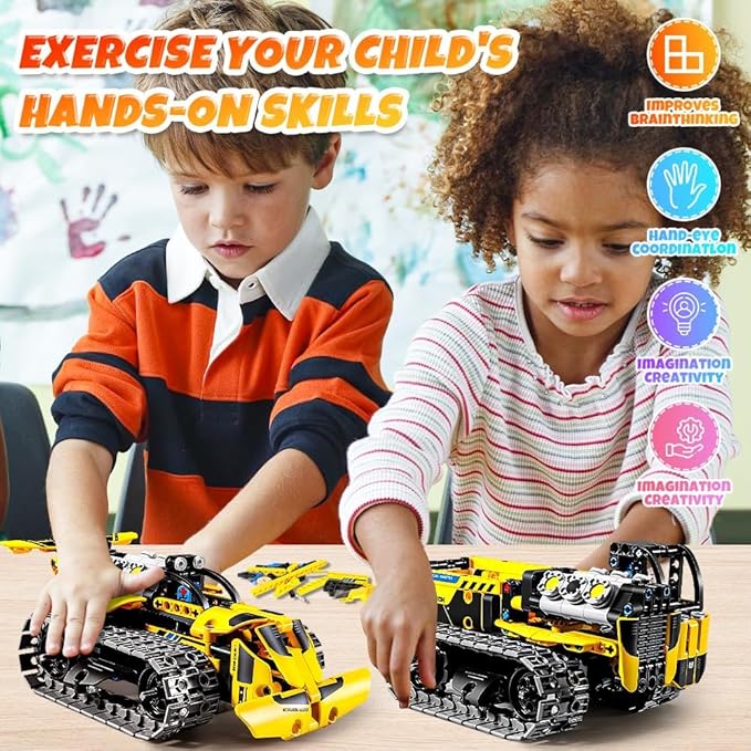 OKKIDY 3 in 1 Kids Remote Bulldozer STEM Technology Building Blocks Set Toys APP Remote Construction Blocks Engineering Excavator/Robot Ages 6-14 DIY Erector Sets for Boys and Girls-452 (PCS)