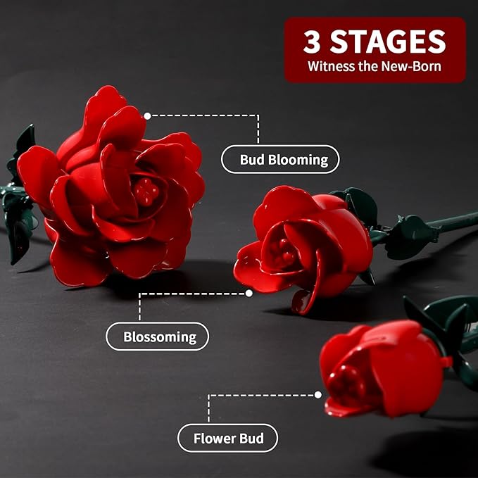 Red Rose Flower Bouquet Building Set Botanical Collection Kit Artificial Fake Flowers Blocks Home Table Decor Aesthetic for Valentine's Day Birthday DIY Craft Floral Gift Without Vase