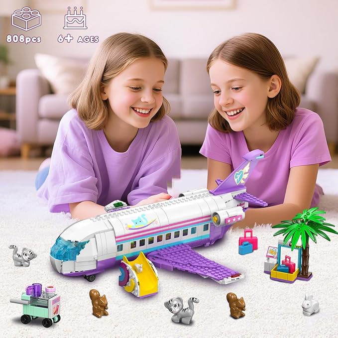 HOGOKIDS 3-in-1 Friends Airplane Building Toy Set - 808PCS Plane/Boat/Camper Van Building Toys with Cute 6 Mini Animals Slide Fun Accessories and Stickers Birthday Gifts for Girls Boys Age 8-12+