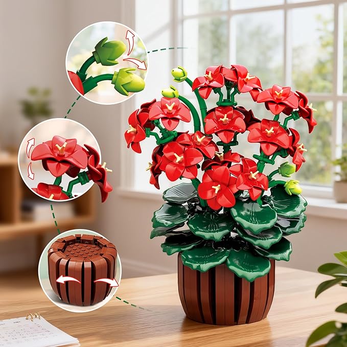 Flowers Geranium Botanicals Building Set - Artificial Bonsai Plants for Home Office Decor Display 548PCS Geranium Flowers Pot Building Blocks for Adults Women Age 12+ Gift for Easter
