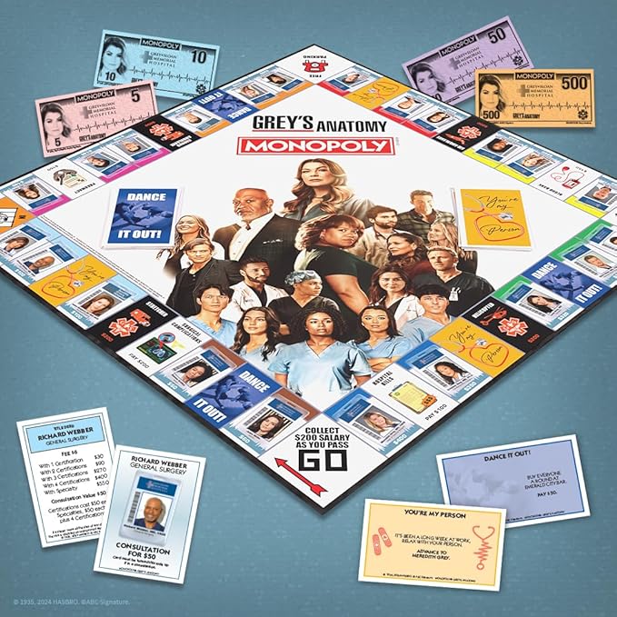 Monopoly: Grey's Anatomy Board Game | Featuring Ferry Boat Clipboard Scrub Top and More | Buy Sell Trade Iconic Doctors from Miranda Bailey to Meredith Grey | Officially Licensed Collectible