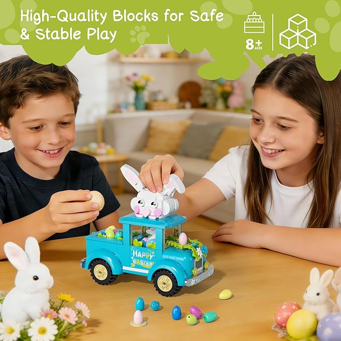 Easter Bunny Egg Harvest Truck Building Toy Set - Cute Rabbit Driver Movable Ears &amp Rolling Wheels Creative Removable Egg Easter Decoration Gifts for Kids Adults Boys Girls 8+