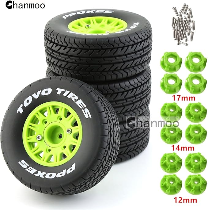1/10 RC Short Course Truck Tires And Wheels With 12mm 14mm 17mm Hex 113mm 1/8 Rubber Tyres For 1/8 or 1/10 Scale On Road Car HSP Sonic 94102 GT PTG-2 Tamiya TT02 RC Racing Car 4PCS (Green A)