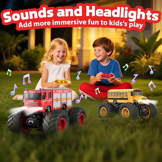 1/18 Remote Control Fire Truck Toy for Kids 2.4GHz RC Monster Truck Toy with LED Lights &amp Sound Rechargeable Electric Vehicle Gift for Boys Girls
