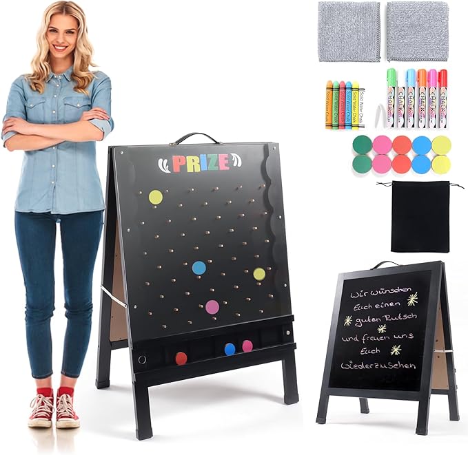 Prize Drop Game Board 21x30 Double-Sided Foldable Design with Wooden A-Frame Chalkboard Sign for Family Carnival Trade Show &amp Party - Includes 10 Coin Drop Discs and Chalk Set Portable Desig