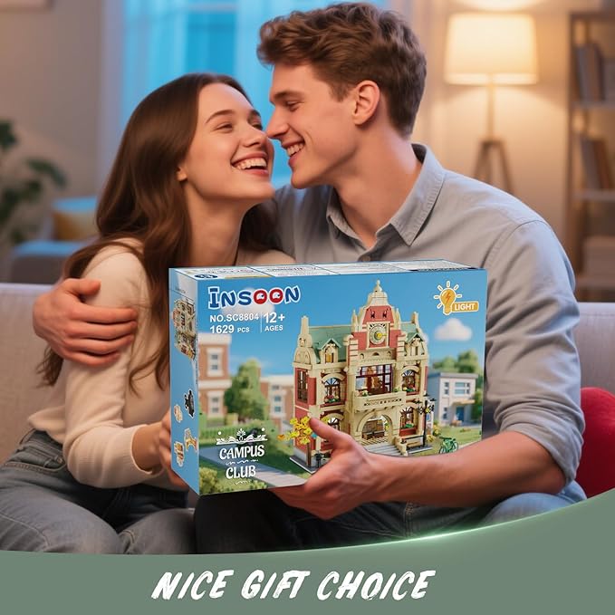 University Club House Building Set with Light1629PCS City Campus Architecture Model with Painting Drama Baking Music Club Home Decor Construction Building Block Gift for Adults Boys Girls 12+