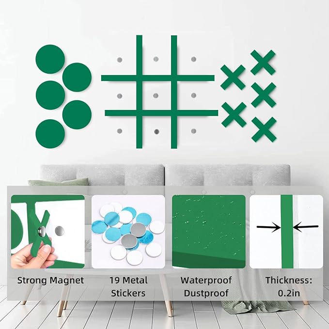 Magnetic Tic Tac Toe Wall-Mount GameGame Room DecorModern Wall Decals for Kids RoomClassroom&ampOfficesBest Gift for Family Friends (Green)