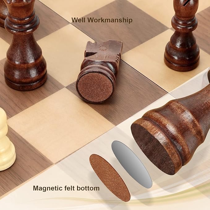 Magnetic Wooden Chess Set for Adults Kids 15'' Chess Board with Handmade Pieces Folding Portable Travel Unique Chess Sets Game for Tournament Professional Beginner