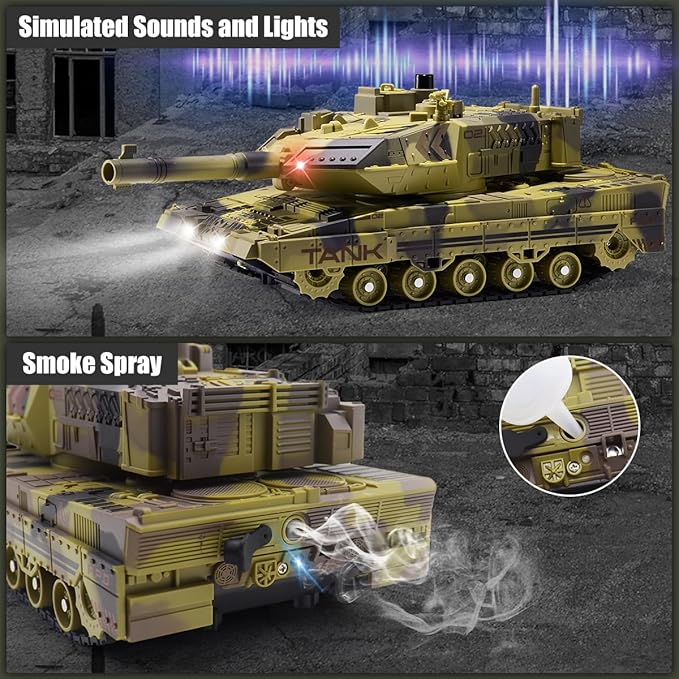 RC Tank - 2.4Ghz Remote Control Army Tank Toys with Auto Demo Sound Light Smoke - 13 Channel Military Vehicles Model Gift for Kids Adults Boys Age 6-8 9-12 Army Beige