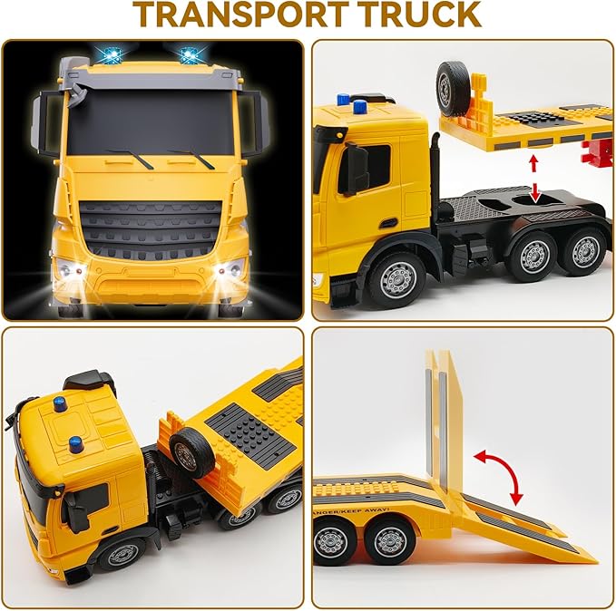 RC Semi-Trailer Truck with Excavator Toy Set - 1:12 Scale Remote Control Flatbed Truck and Excavator Toy for Kids 22.5 Inch with Lights &amp Music RC Construction Vehicle Toys for Boys 6-12 Years O