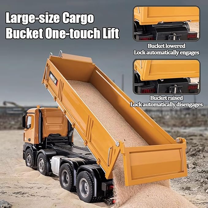 1:14 Scale RC Dump Truck 4WD 2.4Ghz RC Truck with Trailer 12CH RC Construction Vehicle with Light and Sound Four-Wheel Steering RC Toy Car for Boy Girl Birthday Gift