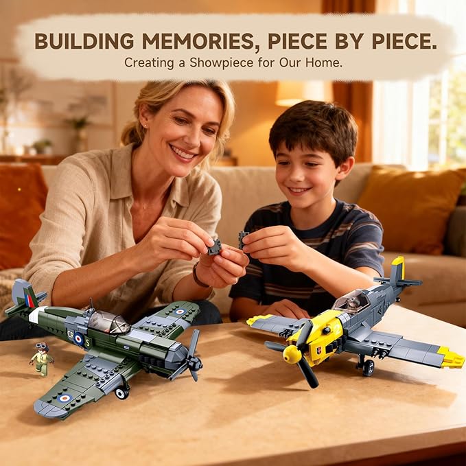 Sosuy WW2 Building Block Military Plane-Sets for Boys Men 1:32 Movable UK Spitfire &amp GE BF-109 Army Toys for Kids Ages 8+Spinning Propeller Pilots History Birthday Gifts for Teen Girls 580+ Piec