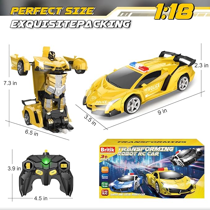 Transform Remote Control Car - Rc Cars One-Button Transforming 360° Rotation Drifting 2.4ghz 1:18 Scale Gift Kids Aged 4-6 Year Old Boys/Girls Police Car Yellow