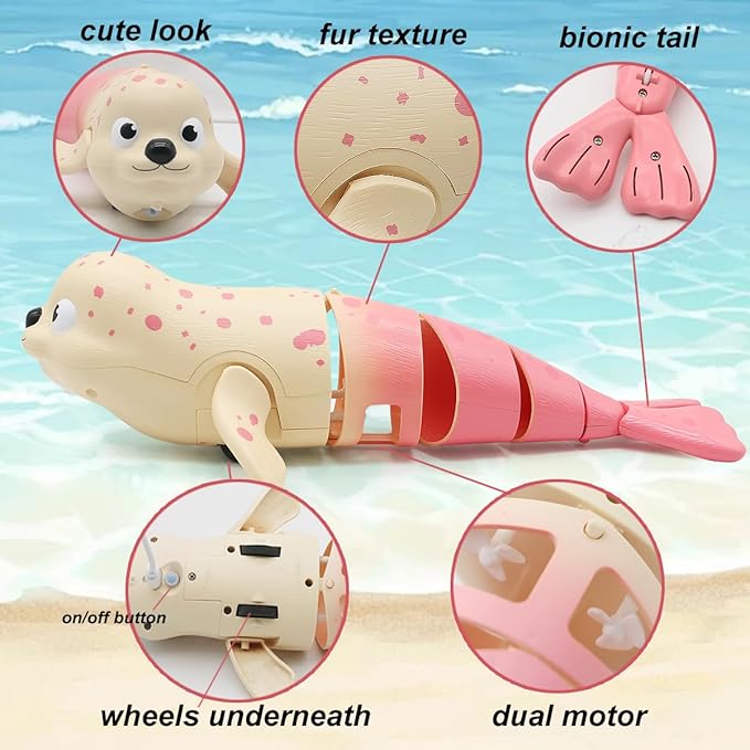 Pool Toys Amphibious Remote Control Seal on Land Water 2.4Ghz Rechargeable Battery Remote Control Shark for Pool Robot Toys for Kids 8-12 Years Old Boys Girls 8910 Upgrade Version Pink