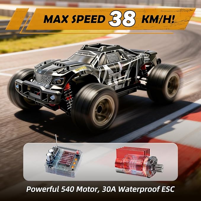 1/10 Remote Control Car 38km/h High Speed RC Car 4X4 Off-Road RC Truck IPX4 Waterproof Remote Control Truck Two 2000mAh Li-Po Batteries 2.4GHz RC Buggy for Teenagers and Adults