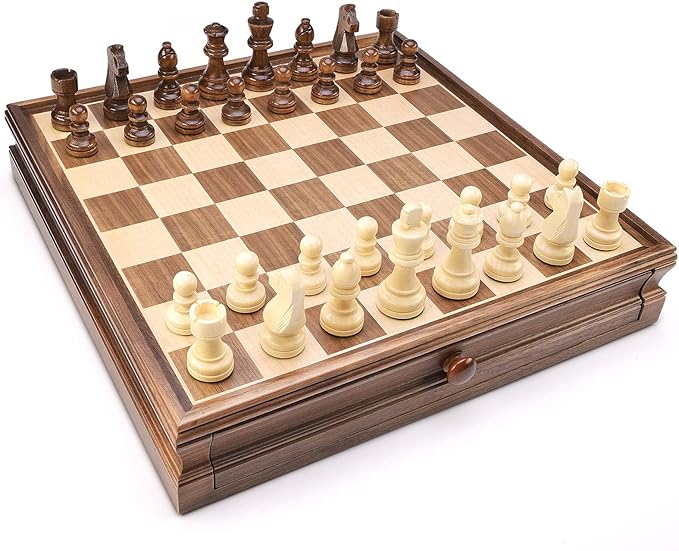 AMEROUS 15 x 15 Wooden Chess &amp Checkers Set with Built-in Storage Drawers/Weighted Chess Pieces / 2 Bonus Extra Queens / 24 Cherkers Pieces/Classic 2in1 Board Games for Kids Adults