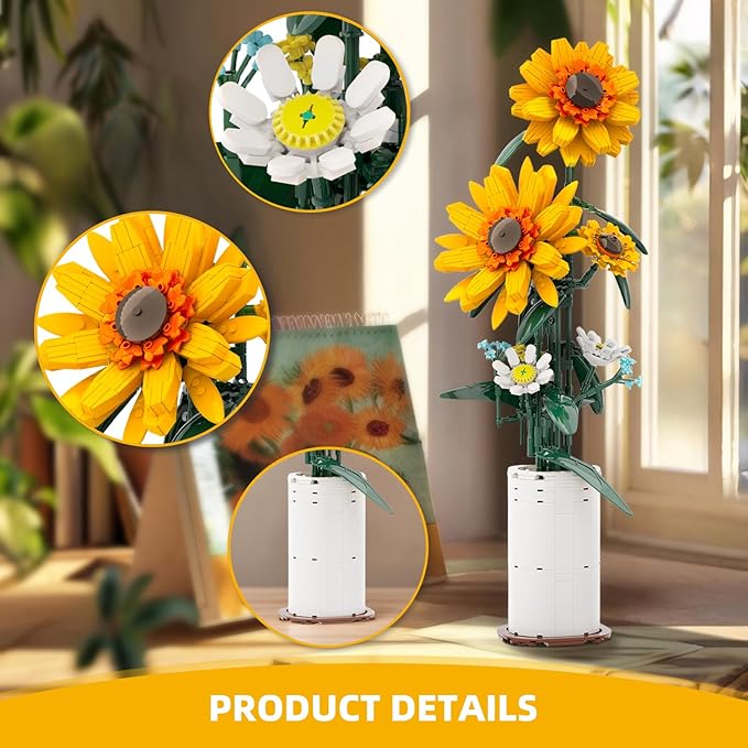 BlockPro Upgrade Sunflower Building Set for Adults Teens Botanical Collection Flower Bouquet with Vase Gift for Birthday Mother's Day Anniversary Pretty Home Decor for Flower Lovers (821pcs)