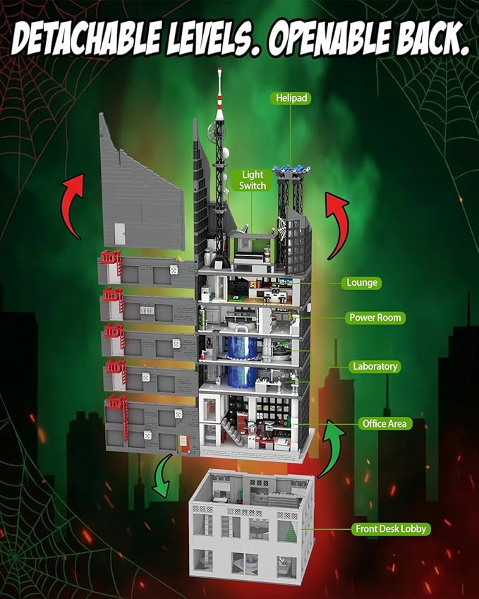 Spider Oscorp Tower Building Set for Adults - 40 Inch Tall Hero Tower Modular Building with Light &amp Helicopter Movie Daily House Architecture Gift for Christmas Collectors (6375 Pcs)