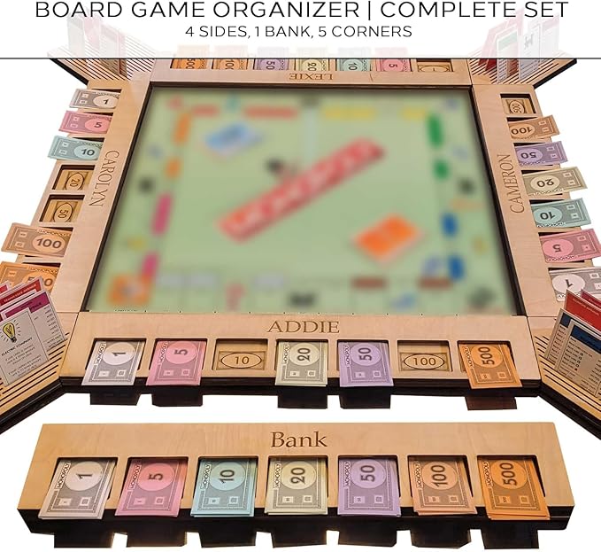 Custom Board Game Frame Personalized Game Board Organizer Compatible with Monopoly Board Game and Monopoly Game Pieces | Economic Themed Game Organizer | Complete Set | Ebony\