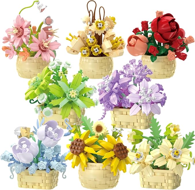8 Pieces Flower Block Set Plant and Succulent ToysBirthday Gift for Women and Girls As a Decoration or Adult Block Toy