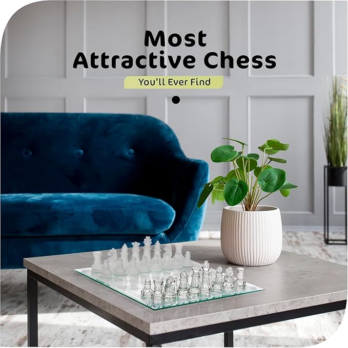 Fine Glass Chess Set Modern Clear Chess Board Set with Solid Clear &amp Frosted Glass Chess Pieces | 12'' Crystal Chess Board Set Felt Padding Included