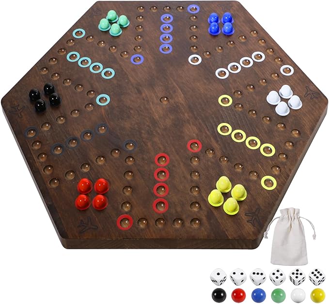 Wahoo Board Game - 23.6 inch Marble Game Board with 24 Glass Marbles and 6 DiceSolid Wood Double-Sided Game Board for 4 or 6 Players - Family and Party Game