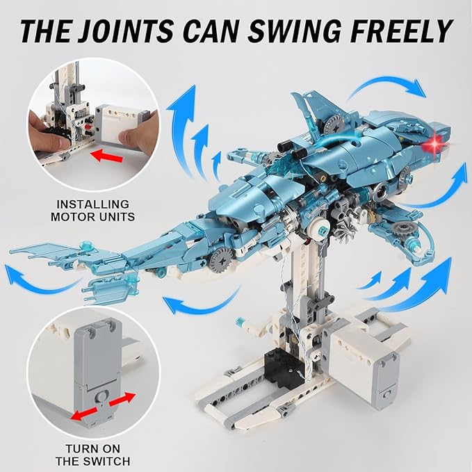 Mechanical Blue Dolphin Building Blocks Linkage Kit Sea Animal Model with Lighting Display Stand STEM Power Toy DIY Desktop Ornament for Kids &amp Adults Ages 12+ Birthday Gift Idea 888pcs