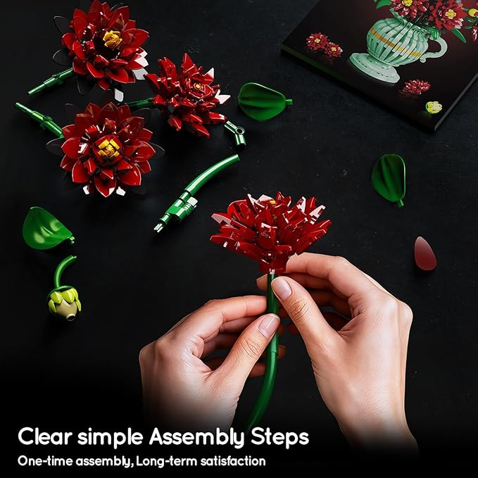 Dahlia Flowers Building Set with Vase Easter Flower Bouquet Botanical Collection Building Block Toy 1482 PCS Gothic Artificial Plant Bonsai Kit Gift for Her Adults Kids Girls 12+