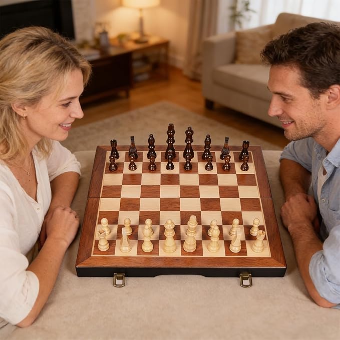 Chess Magnetic Wooden Chess Set 15 Unique Chess Board Game with Chess Pieces Storage Slots Tournament Portable Folding Travel Chess Sets for Kids Adults Beginner and Pros 2 Extra Queens