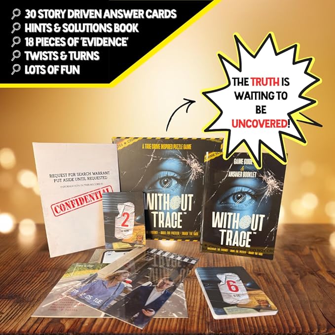Without Trace - Escape Room Strategy Puzzle Board Game. Immersive Detective Investigation Murder Mystery True Crime Challenge for Adults Teens Couples Date Nights or Solo. 1-4 Players.