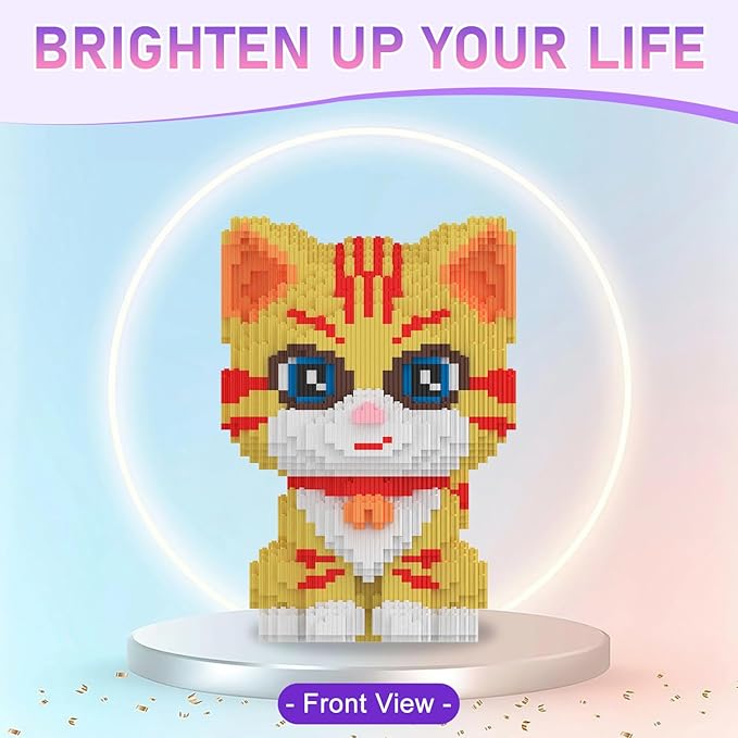Cat Building Blocks with Organizer Bins | Yellow | Micro 3D Animal Building Blocks | 3000PCS | Gift for Adults and Kids | Home &amp Office Decor | RQ8889