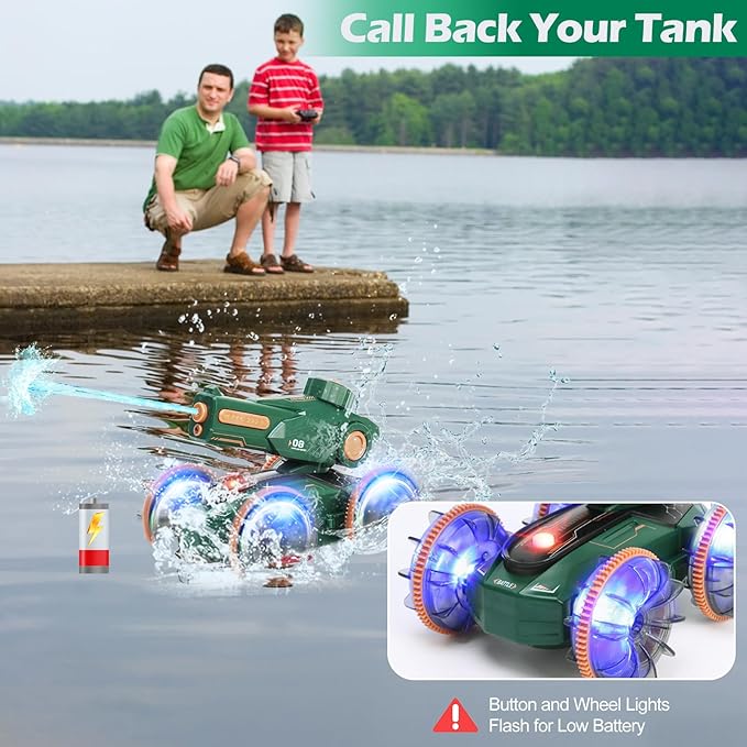 Toys for Kids 6-12 Remote Control Car Boat Gifts for Boys 5-7 8 9 10 11 Year Old Amphibious RC Boats Water Squirt Gun with Light &amp Self-Dispensing Pool Outdoor Beach Toy for Kids
