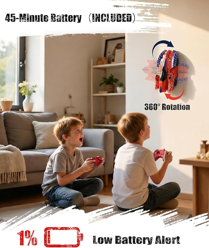 Spider Climbing Wall Cars - Rc Race Vehicle Electric Technology Toys for 3+ Years Kid 2.4 GHz Remote Control LED Light Rechargeable 360° Zero Gravity Rotating Indoor Car Birthday Gift